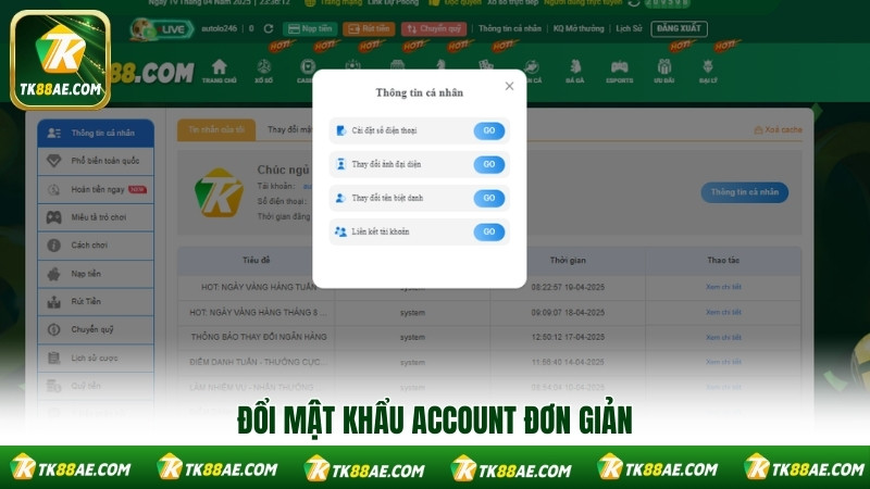 Đổi mật khẩu account đơn giản Đổi mật khẩu account đơn giản